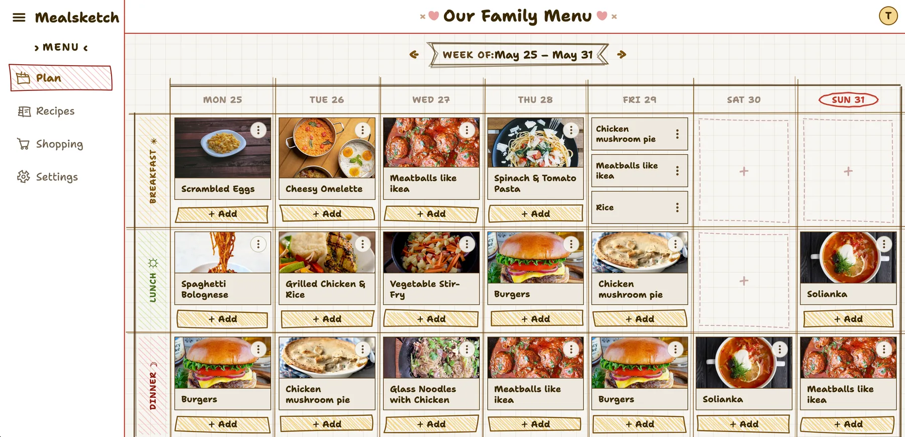 The mealsketch weekly meal plan — a shared view of breakfast, lunch, and dinner for the whole family.
